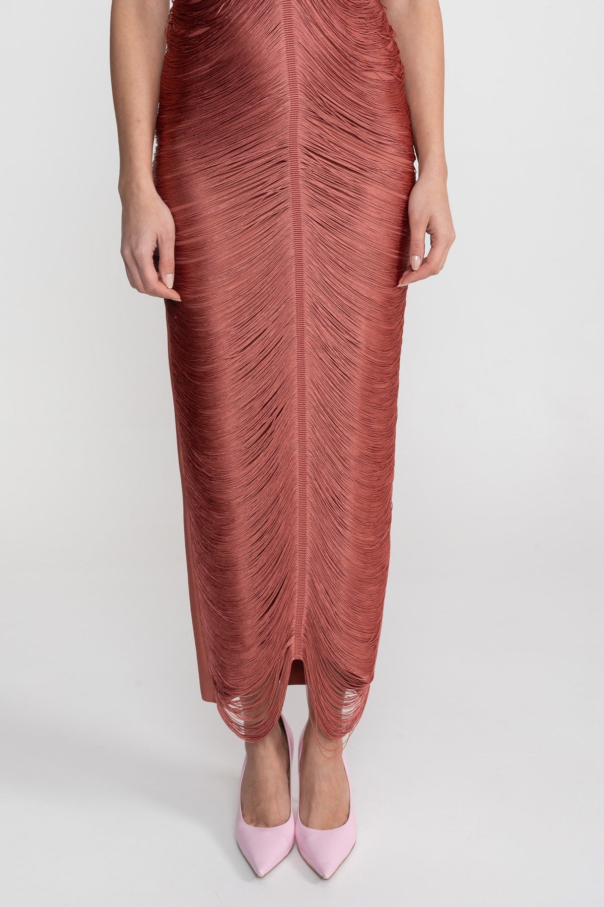 Halter Neck Midi Dress With All-Over Pleated Texture - Light Brown - View 4