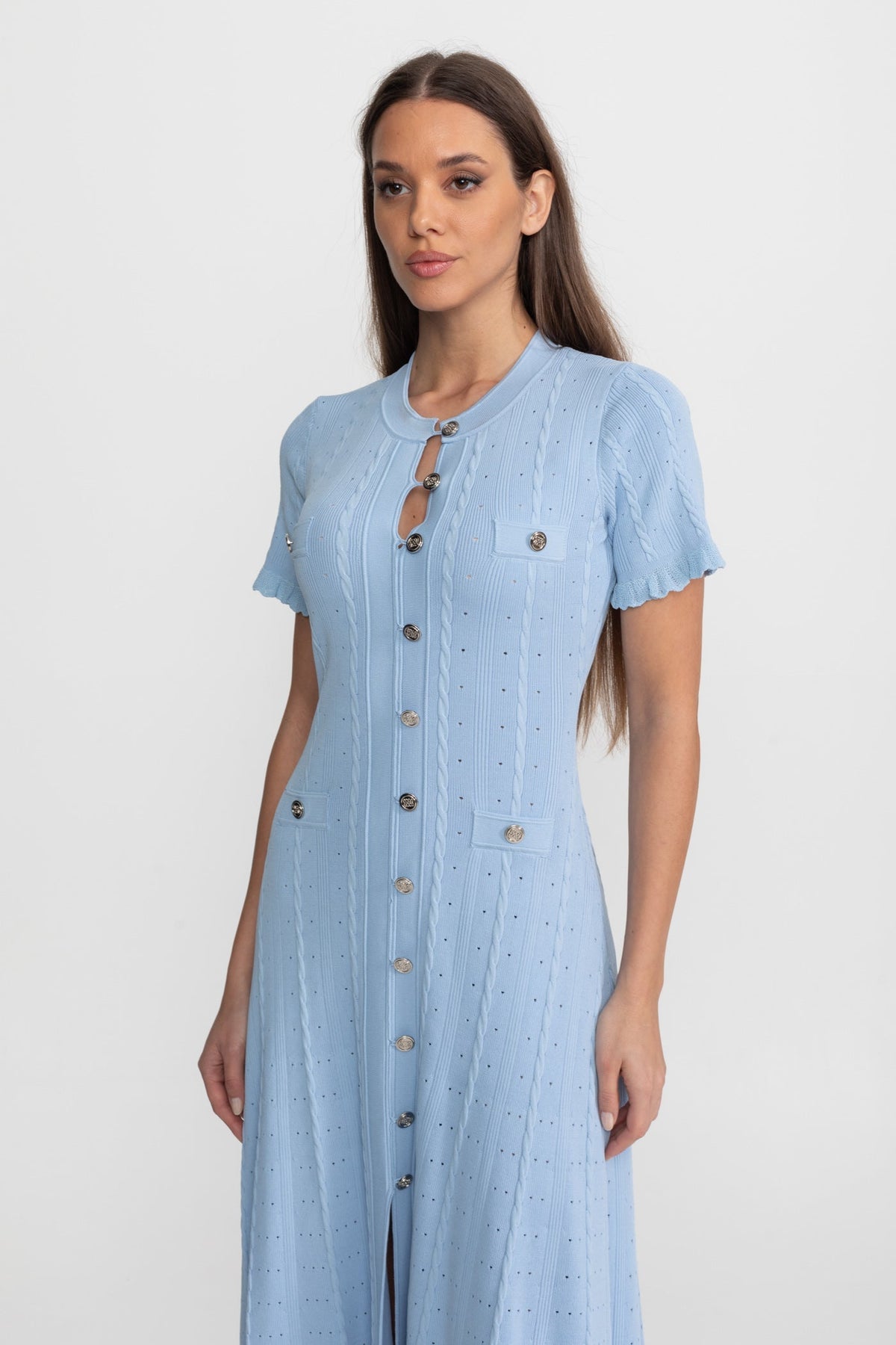 Knit Button-Front Midi Dress with Scalloped Sleeves – Baby Blue - View 6