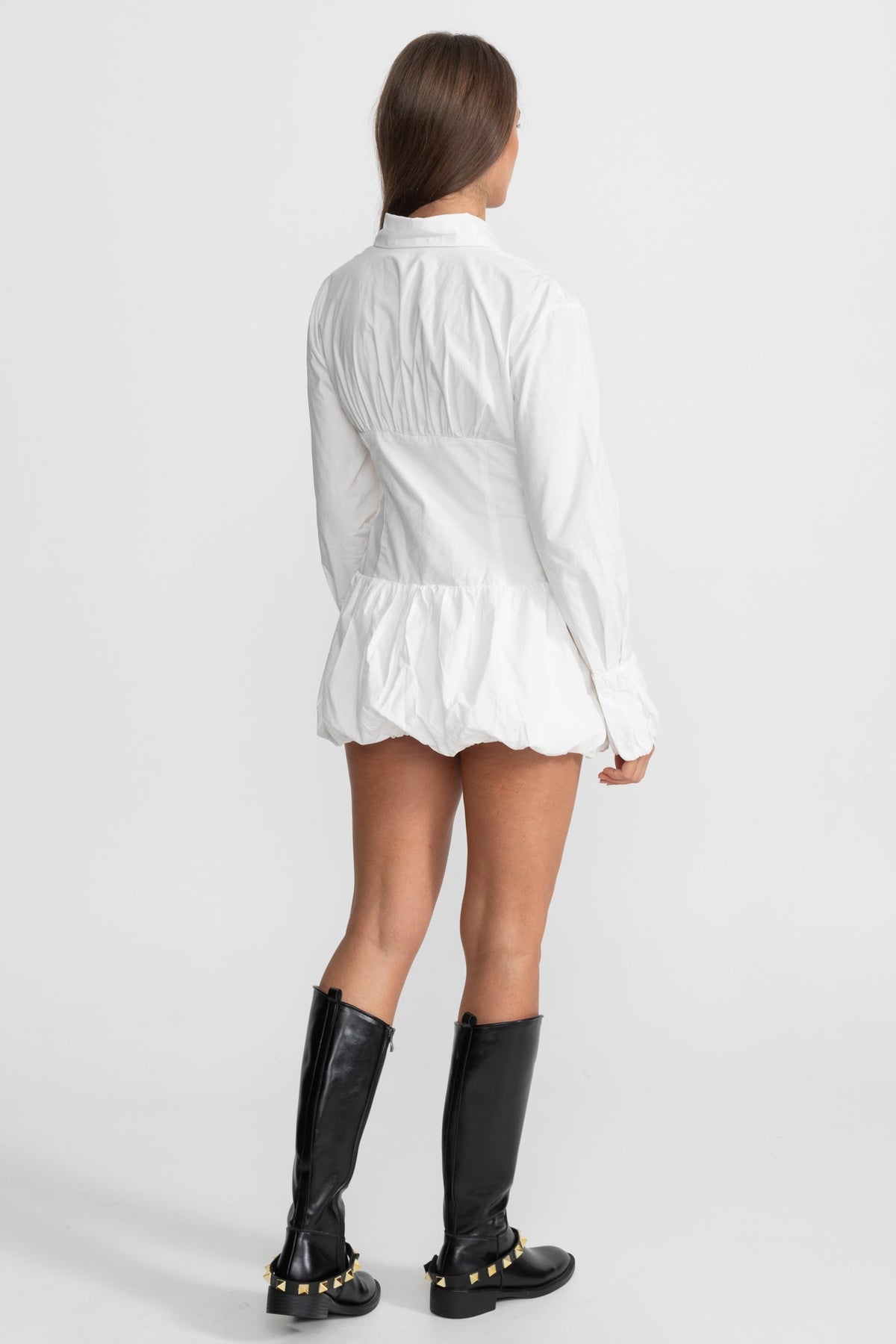 Mini Dress Shirt with Circular Ruched Waist Detail - White - View 4