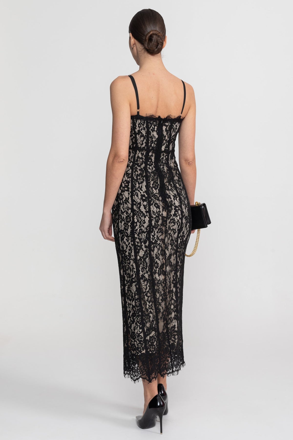 Lace Midi Dress With Sheer Corset Bodice - Black - View 7
