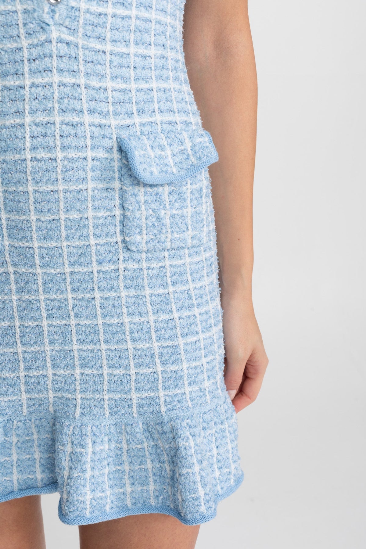 Tweed Bow Crystal Button Patch Pocket Ruffle Hem Mini Dress - View 6