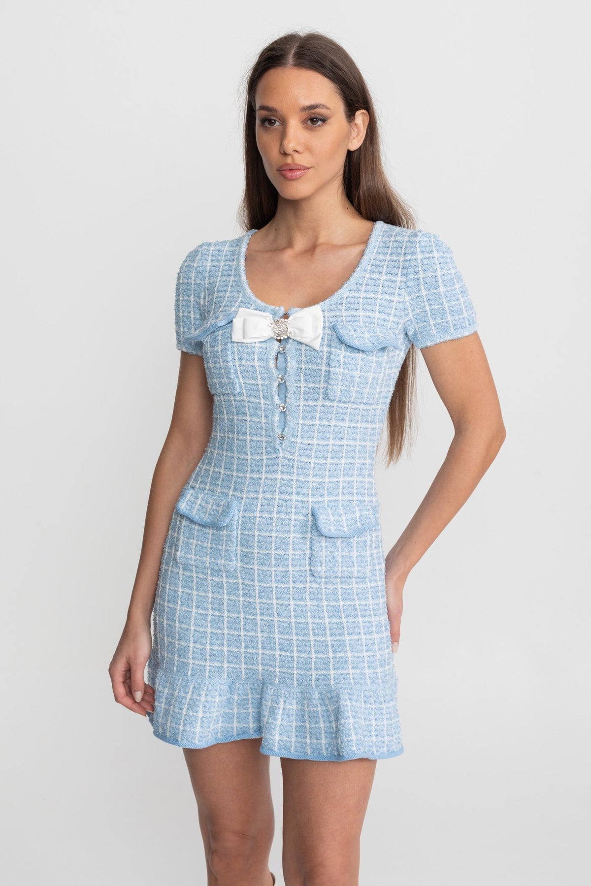 Tweed Bow Crystal Button Patch Pocket Ruffle Hem Mini Dress - View 7