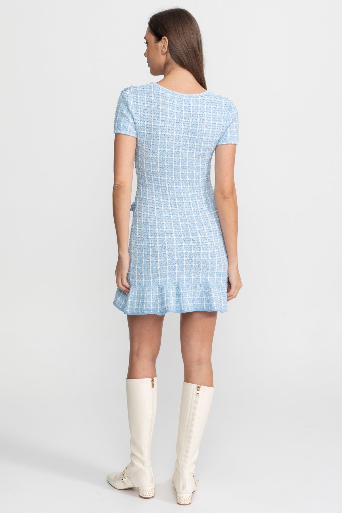 Tweed Bow Crystal Button Patch Pocket Ruffle Hem Mini Dress - View 8