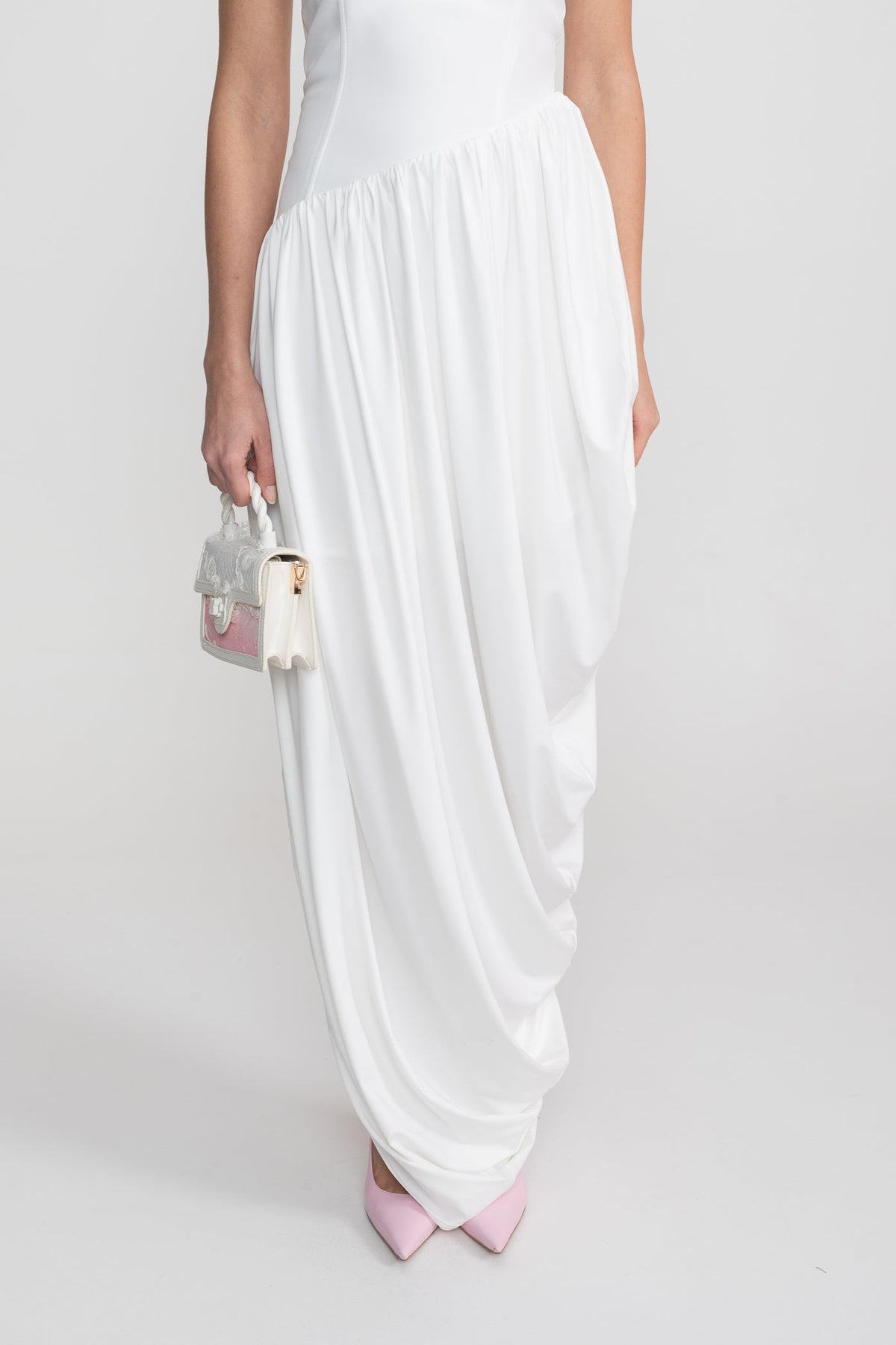 Strapless Maxi Dress With Asymmetric Draped Skirt - White - View 9