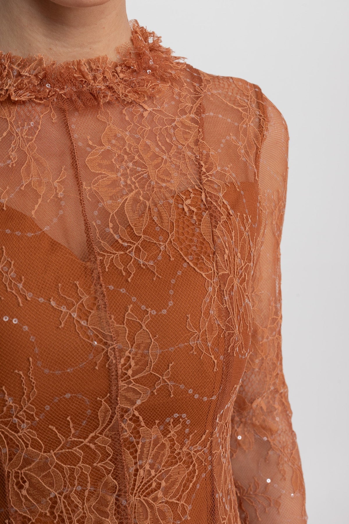 Sheer Lace Long Sleeve Mini Dress With Ruffled Hem - Rust - View 7