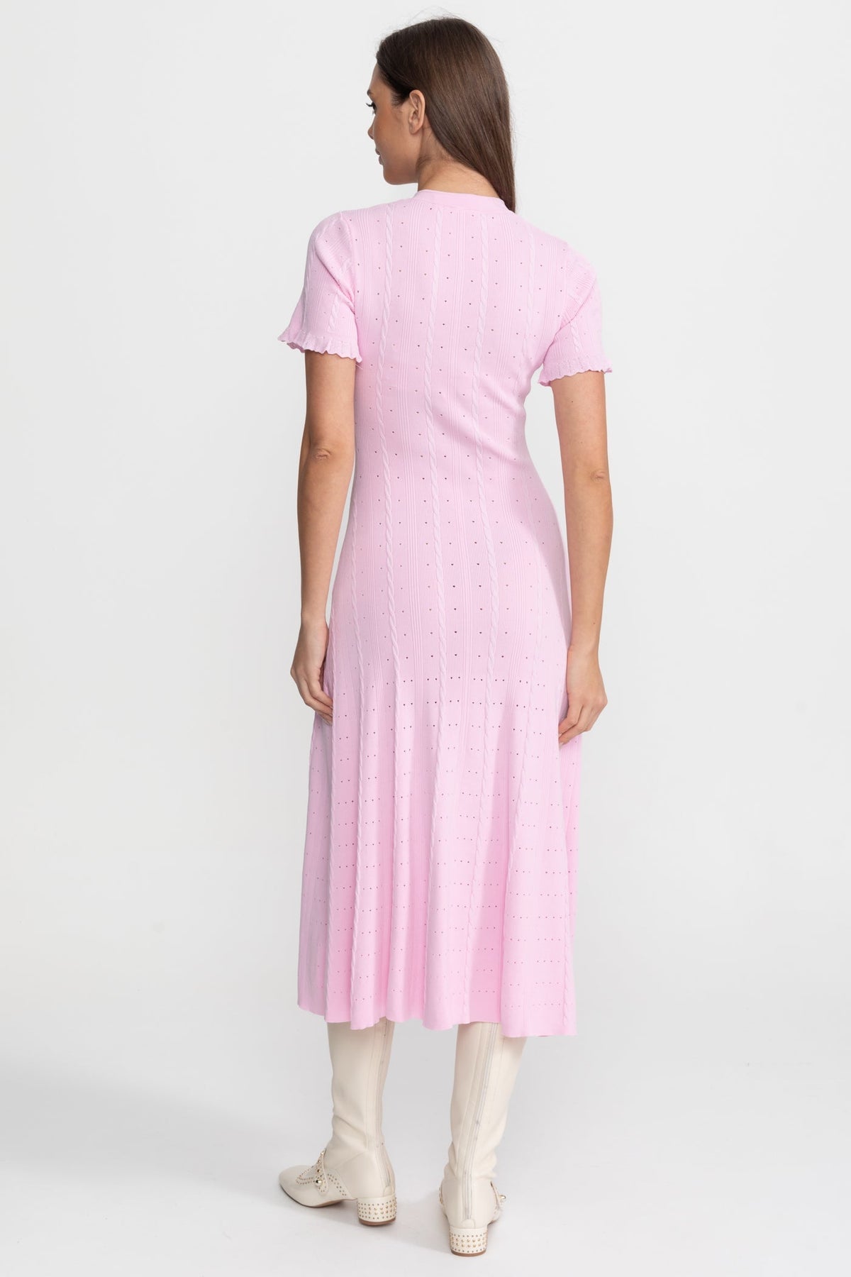 Knit Button-Front Midi Dress with Scalloped Sleeves – Pink - View 7