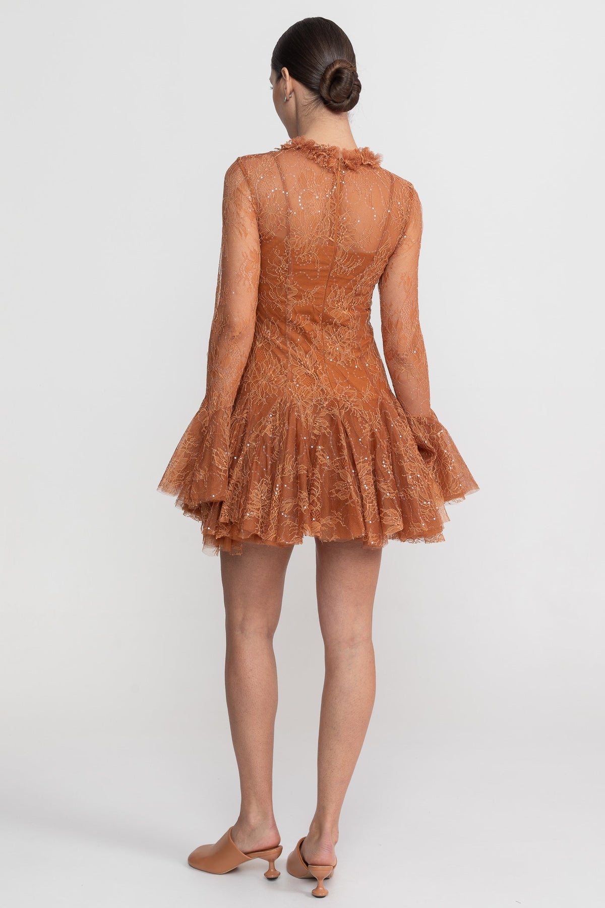 Sheer Lace Long Sleeve Mini Dress With Ruffled Hem - Rust - View 8