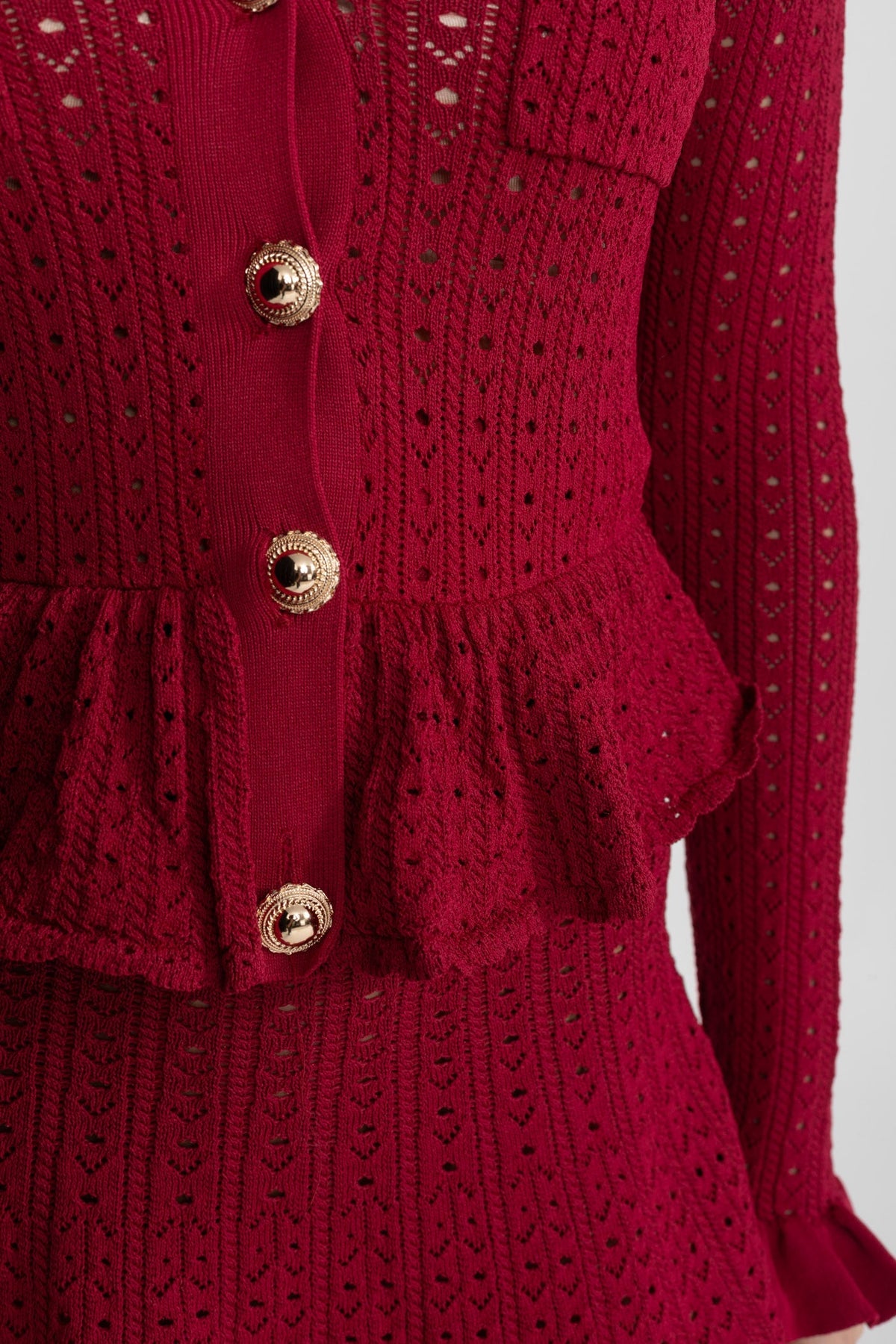 Pointelle Knit Mini Dress with Peplum Hem – Dark Red - View 5