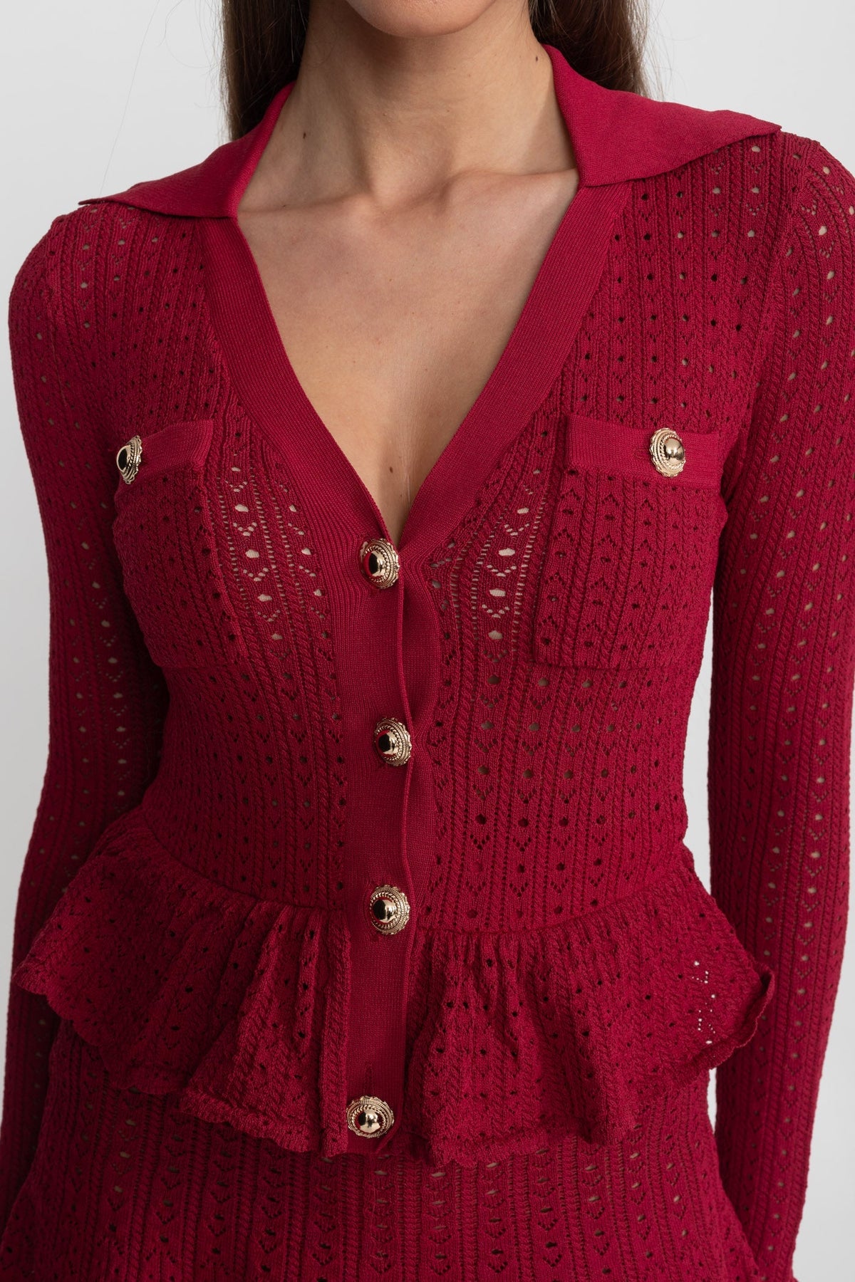 Pointelle Knit Mini Dress with Peplum Hem – Dark Red - View 6