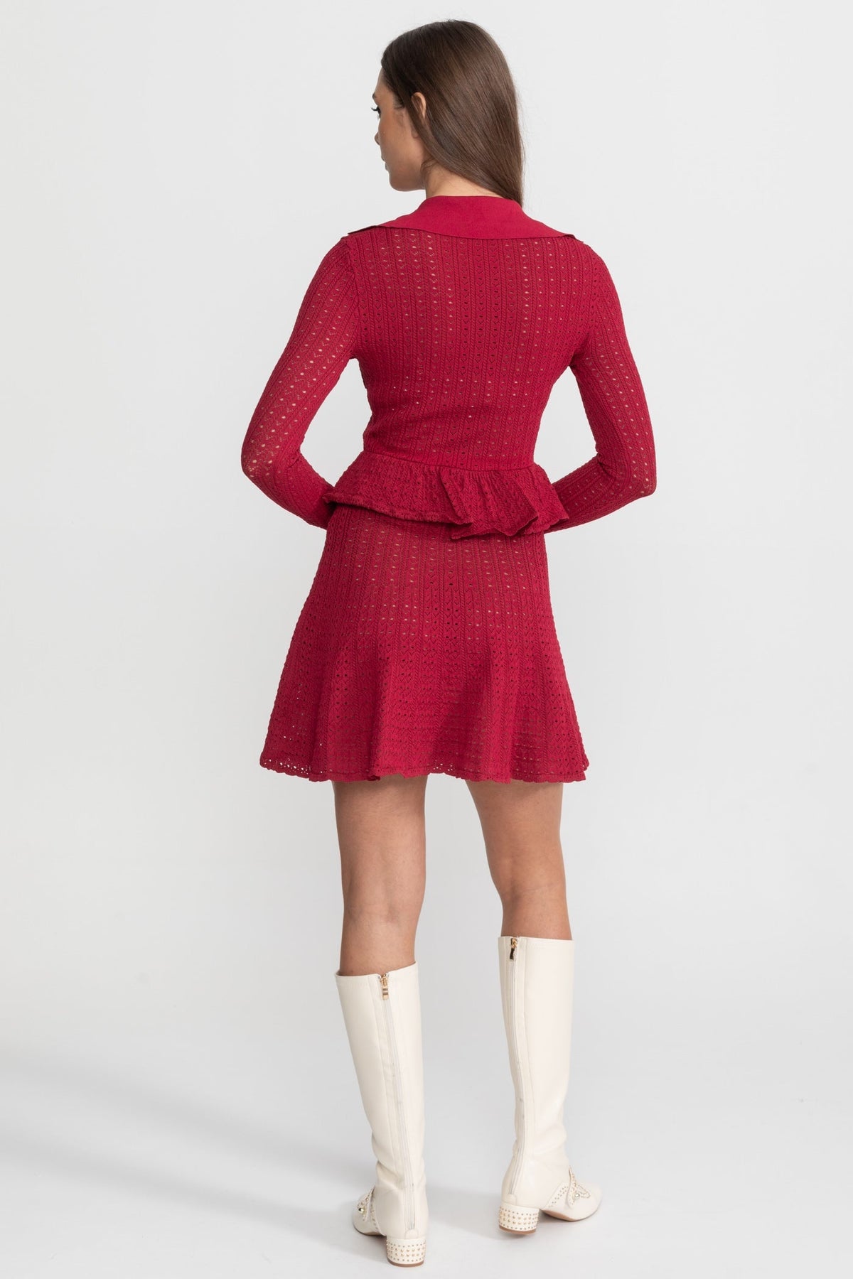 Pointelle Knit Mini Dress with Peplum Hem – Dark Red - View 7