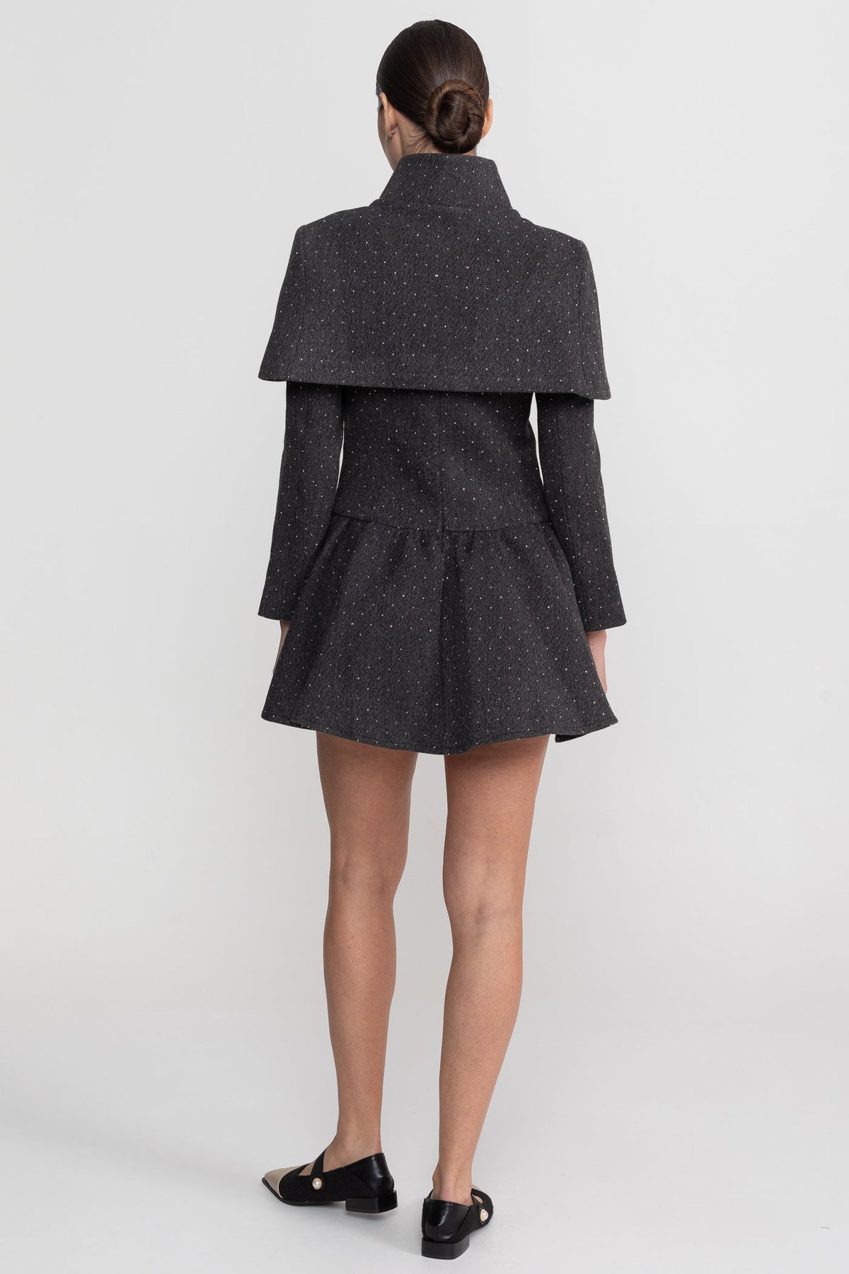 Long Sleeve Mini Dress With Detachable Cape Overlay - Charcoal - View 7