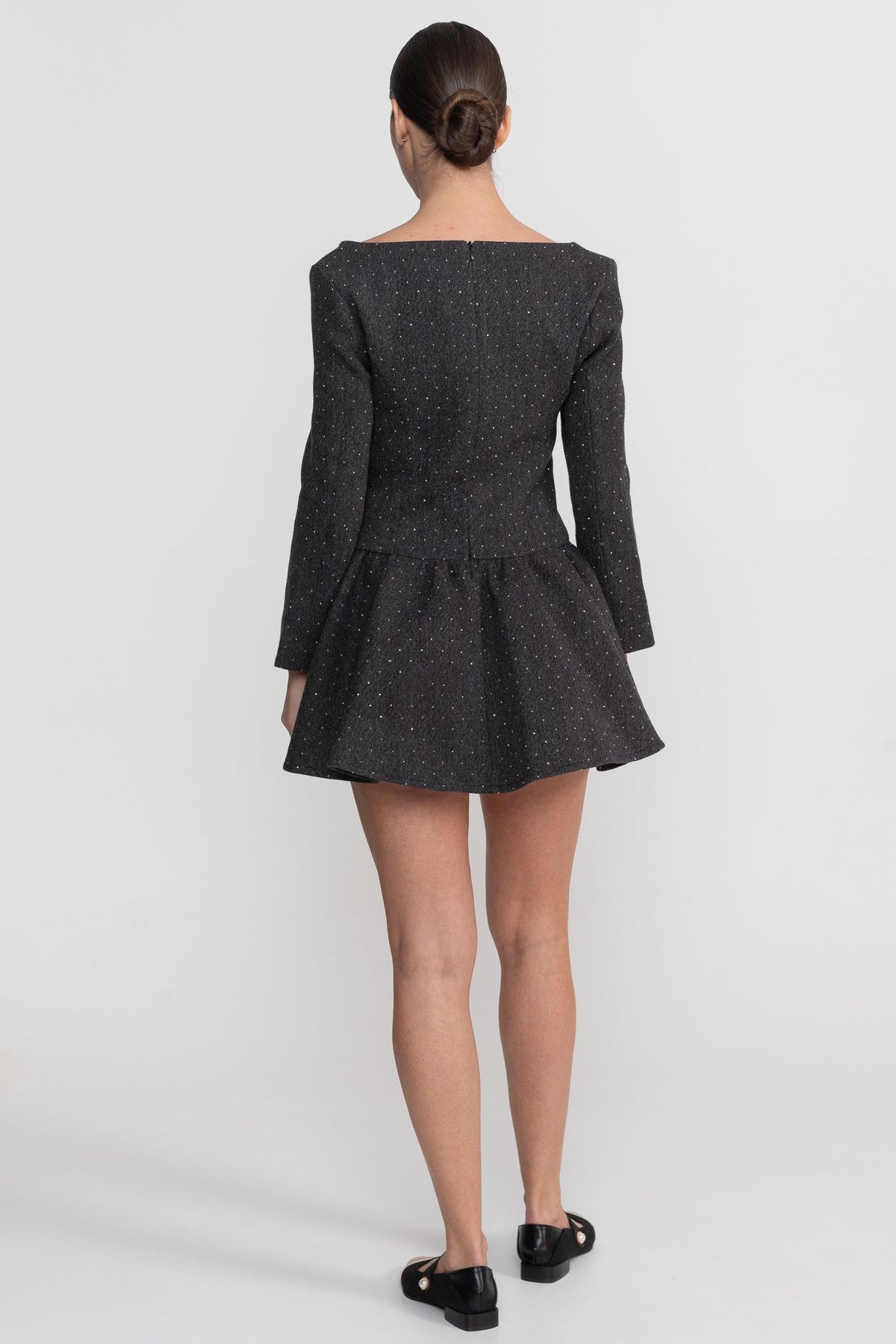 Long Sleeve Mini Dress With Detachable Cape Overlay - Charcoal - View 8