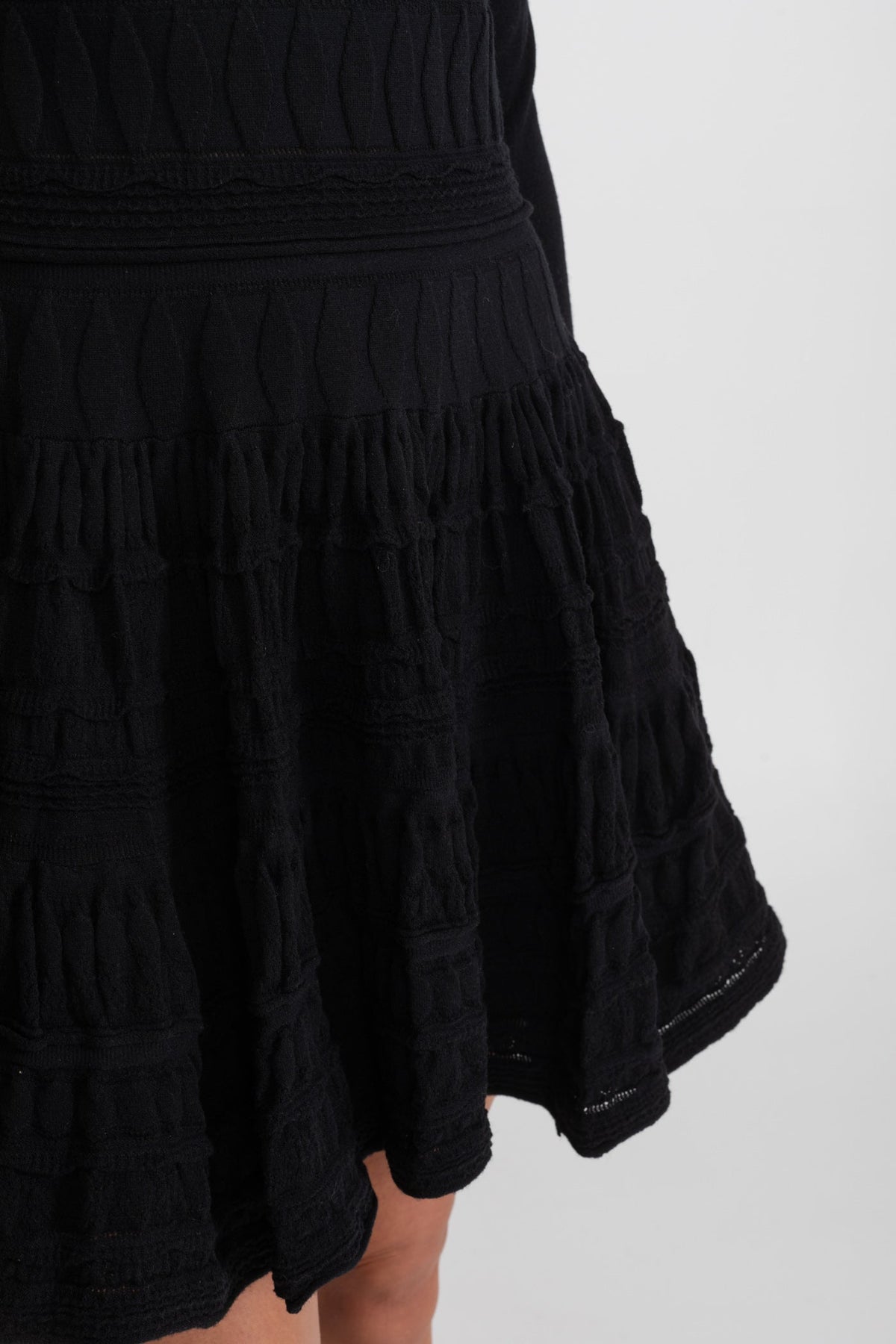 Textured Knit Mini Dress with Flared Skirt - Black - View 7