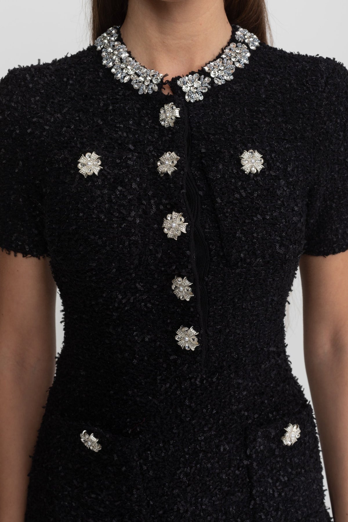 Tweed Rhinestone Floral Collar Short Sleeve Bodycon Mini Dress - View 4
