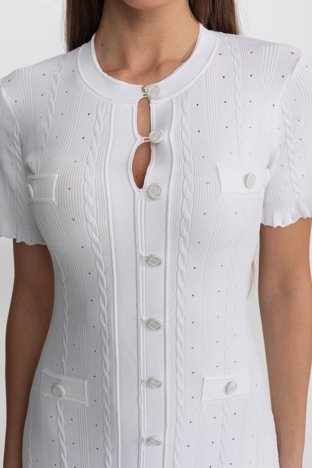 Knit Button-Front Midi Dress with Scalloped Sleeves – White - View 5