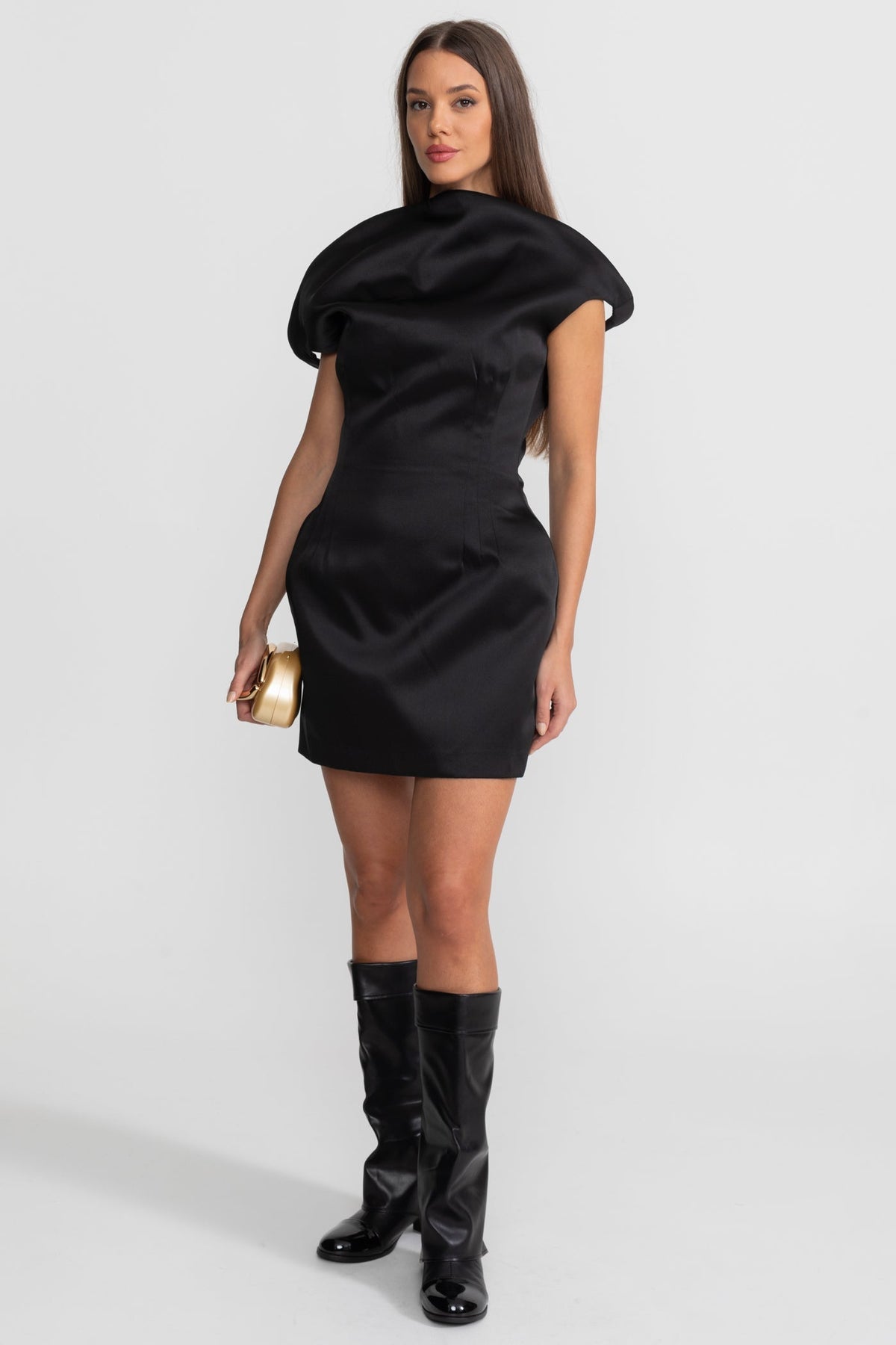 Satin Mini Dress with Sculptural Shoulder Detail - Black - View 5