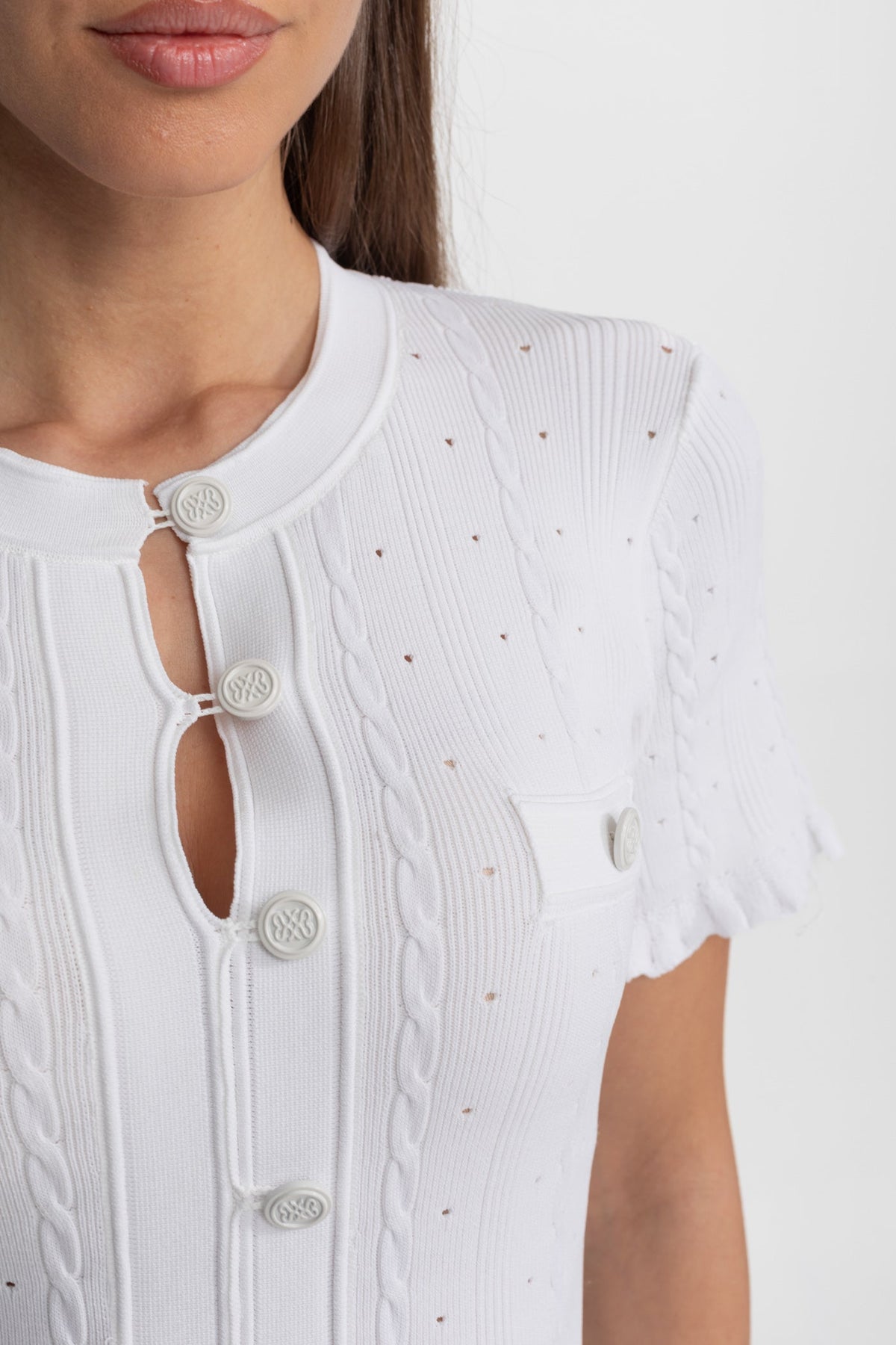 Knit Button-Front Midi Dress with Scalloped Sleeves – White - View 3