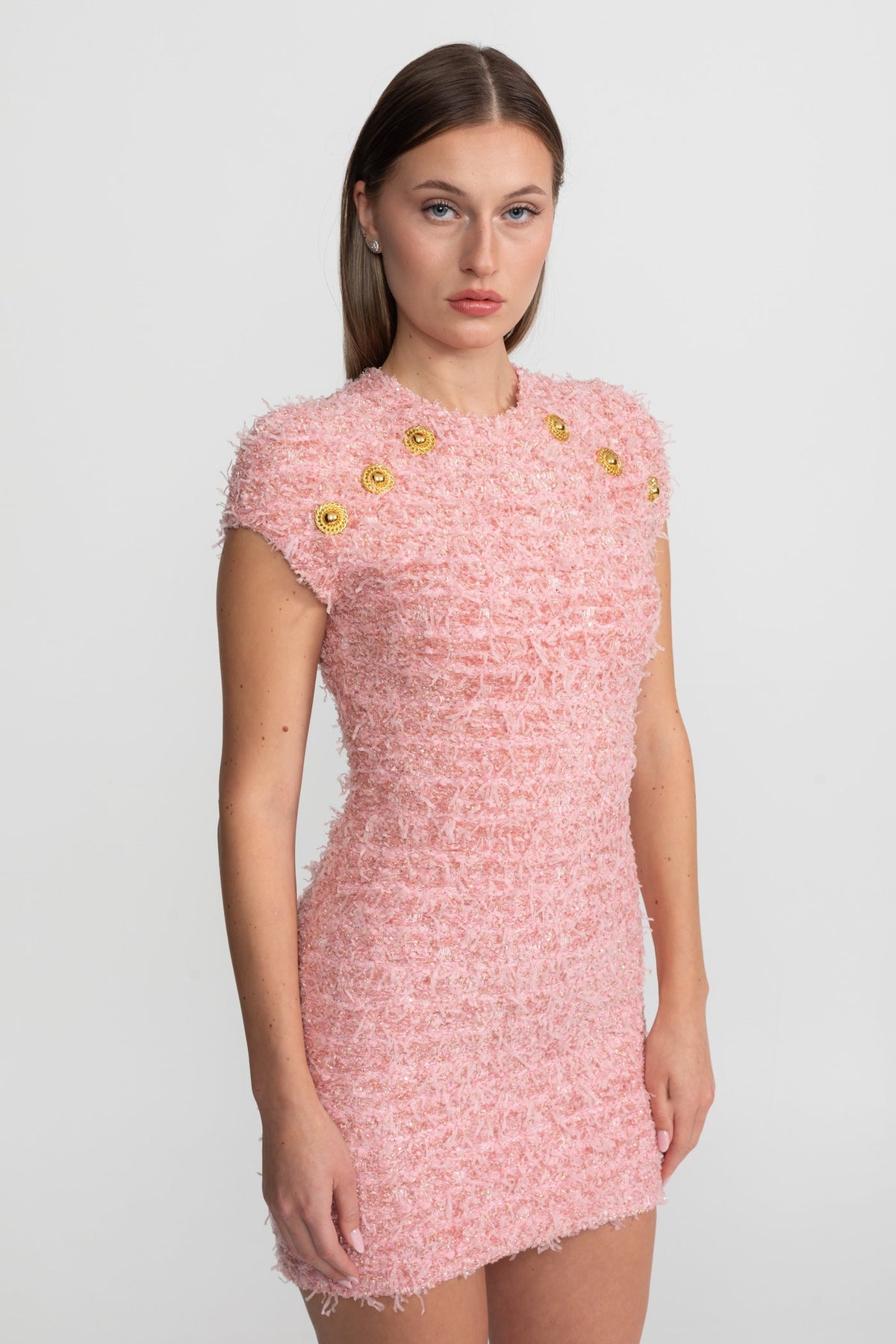 Tweed Crew Neck Cap Sleeve Metallic Button Bodycon Mini Dress - View 5