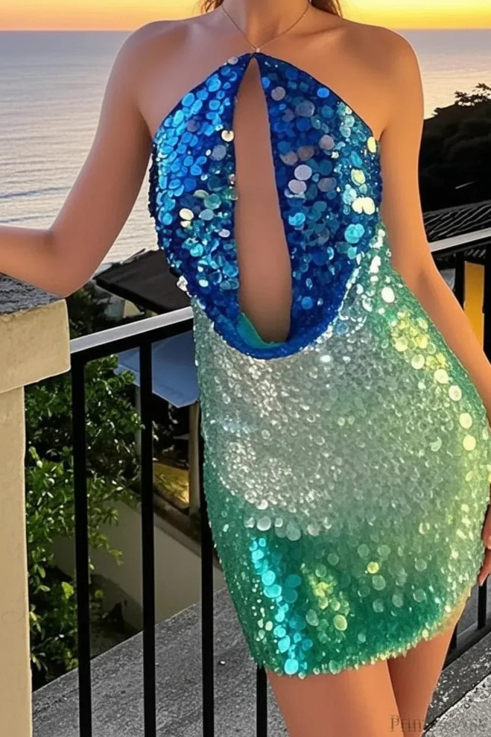 Sequin Halter Neck Cut Out Backless Bodycon Mini Dress in Blue - View 4