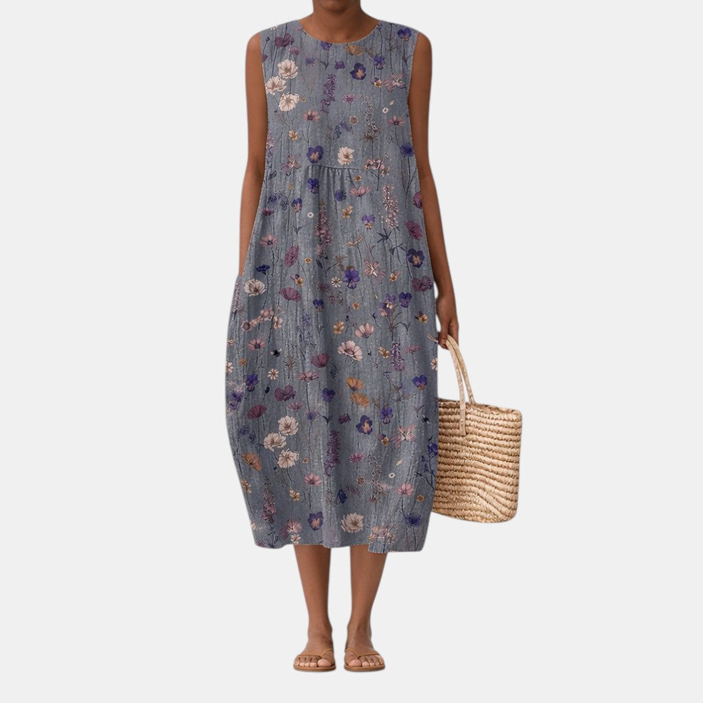 Floral Print Round Neck Sleeveless Pocket Midi Dress 2