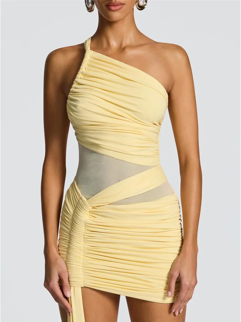 Serena Asymmetric Mesh Mini Dress in Yellow - View 3