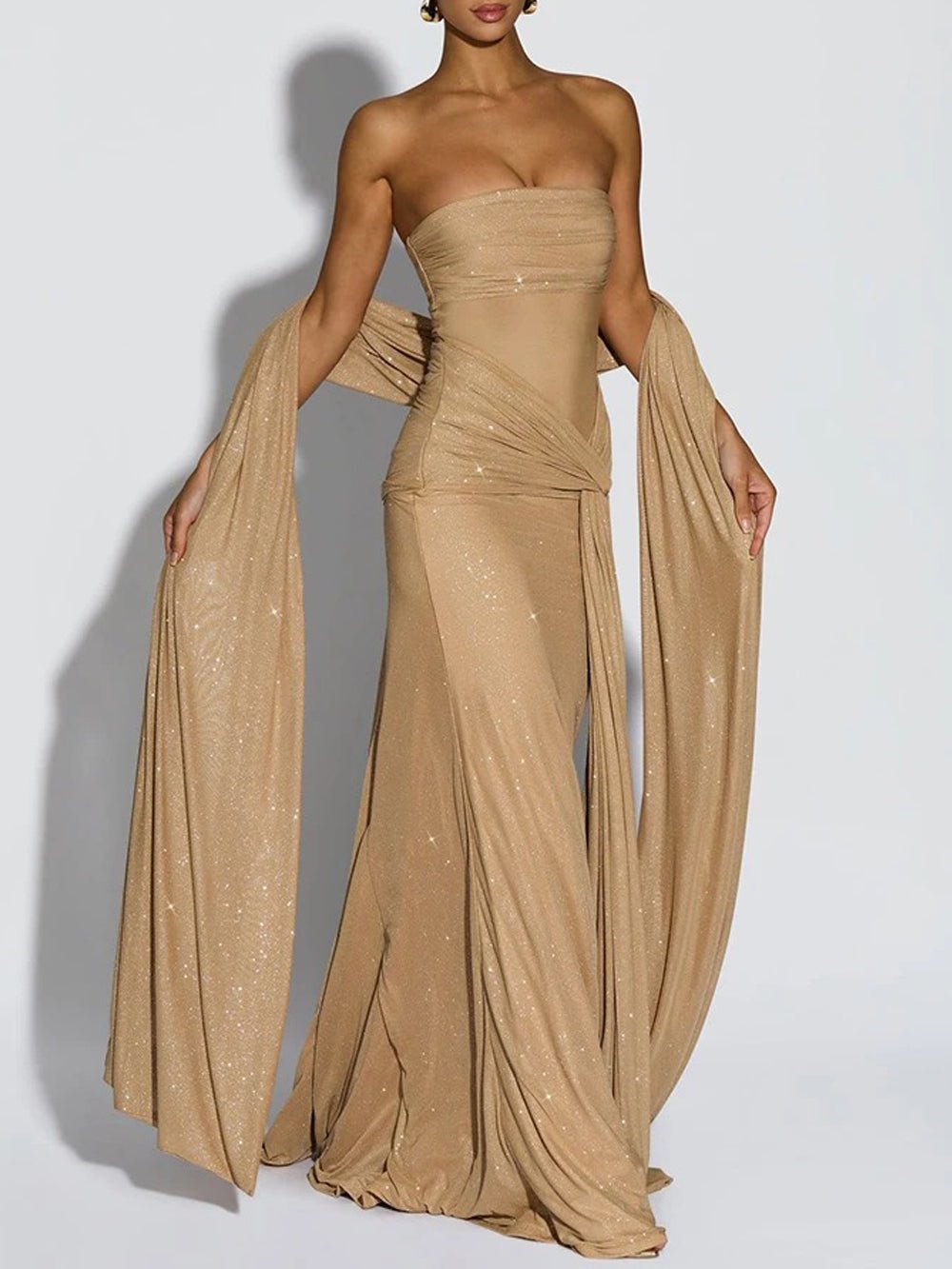 Sequin Strapless Ruched Knotted Waist Draped Cape Maxi Gown - View 3