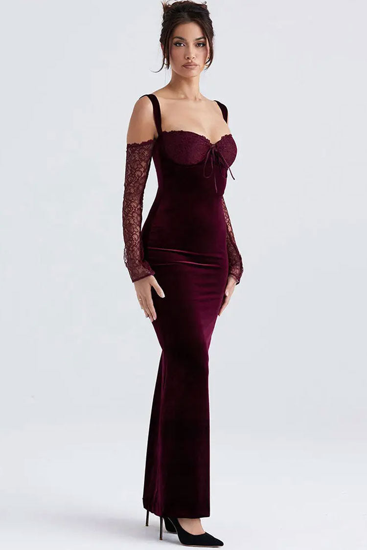 Bow Tie Sweetheart Cutout Shoulder Evening Maxi Dress - Burgundy - View 3