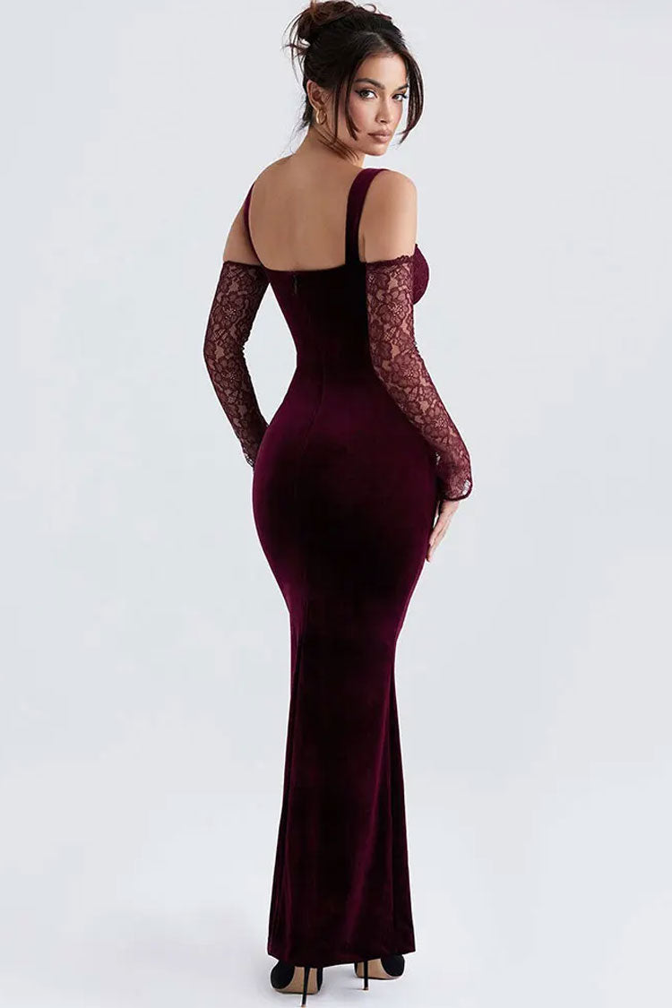 Bow Tie Sweetheart Cutout Shoulder Evening Maxi Dress - Burgundy - View 4