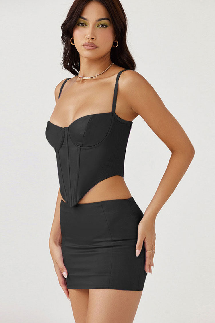 Crop Bustier Satin Top Low Waist Two Piece Mini Dress - Black - View 2