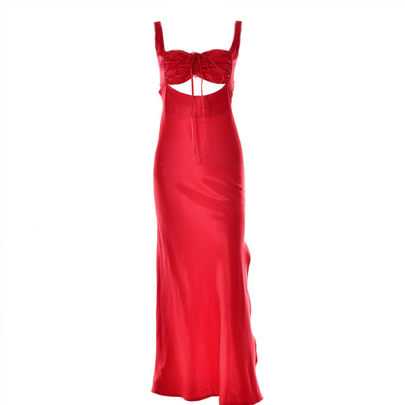 Cut Out Drawstring Lace Up Open Back Sleeveless Maxi Dress - Red - View 3