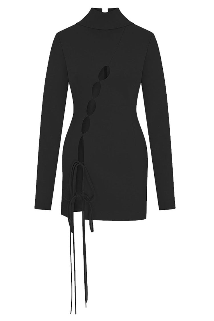 Cutout Bow Tie High Neck Long Sleeve Bandage Mini Dress - Black - View 3