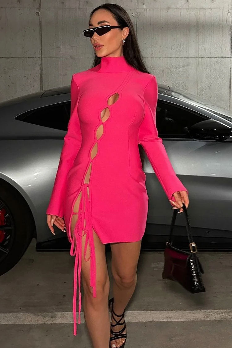 Cutout Bow Tie High Neck Long Sleeve Bandage Mini Dress - Hot Pink - View 2