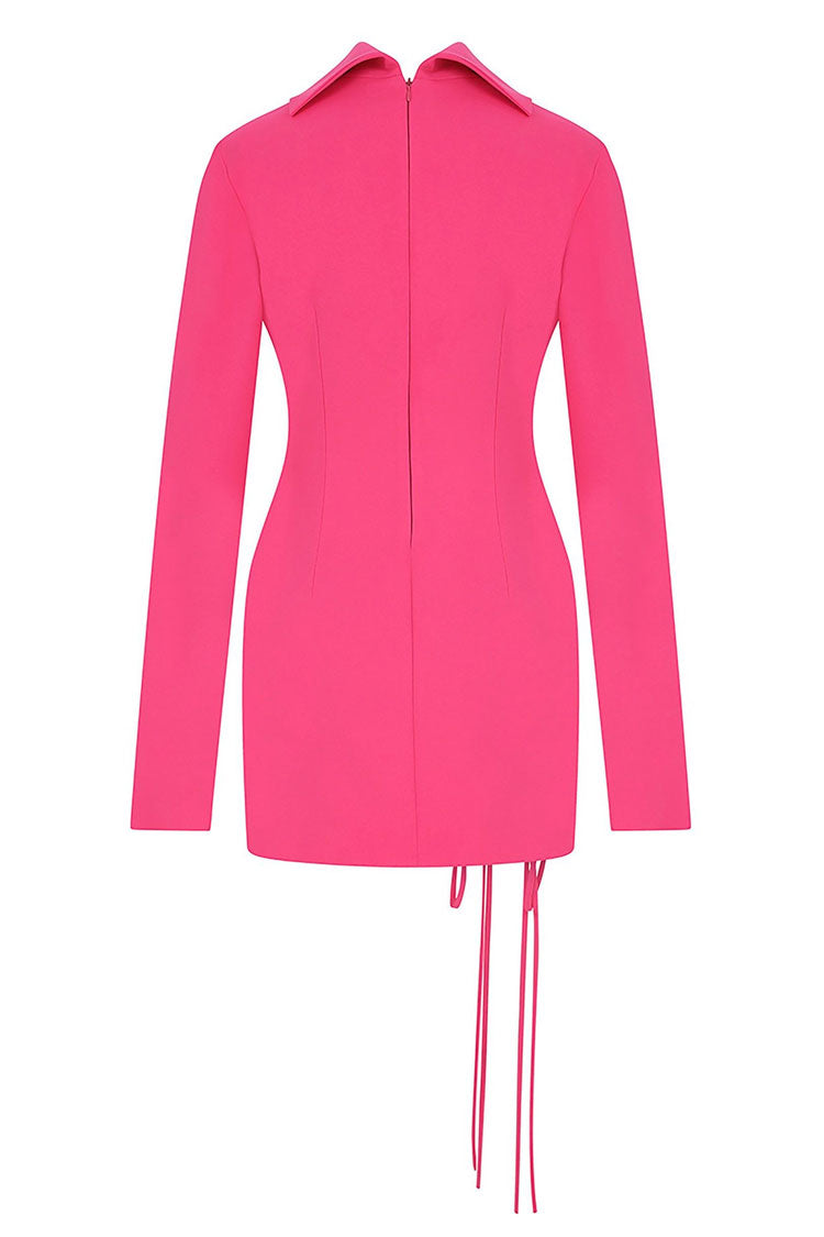 Cutout Bow Tie High Neck Long Sleeve Bandage Mini Dress - Hot Pink - View 4