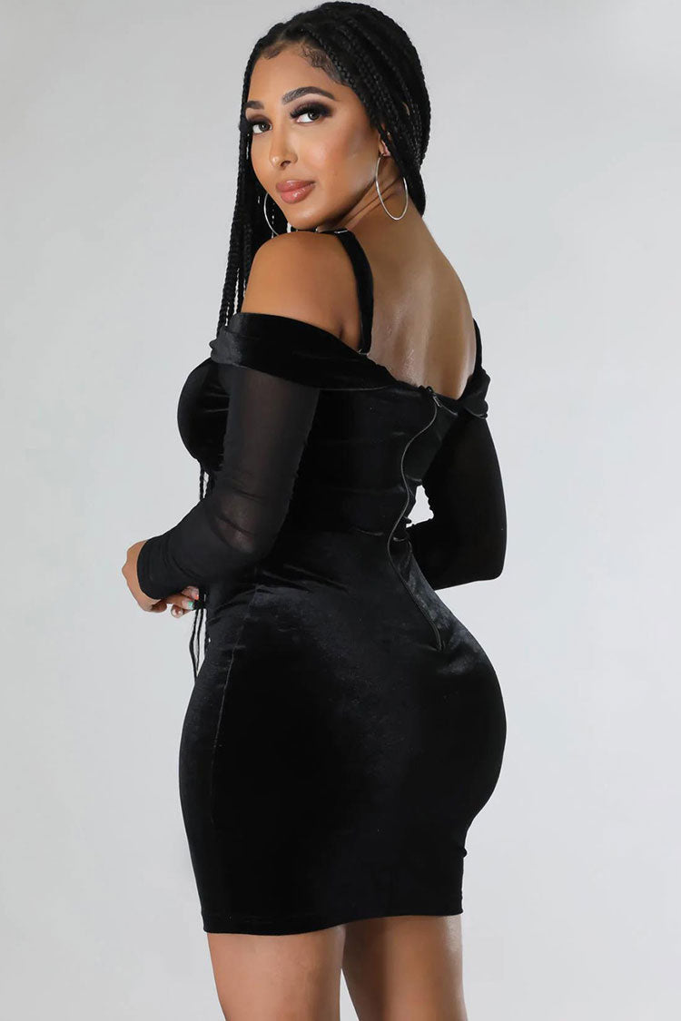 Velvet Off Shoulder Sheer Sleeve Corset Bodycon Mini Dress - View 3
