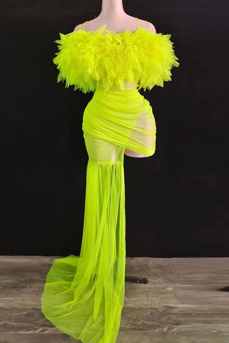 Gloved Ruffle Off Shoulder Draped Sheer Mini Dress - Neon Yellow - View 2
