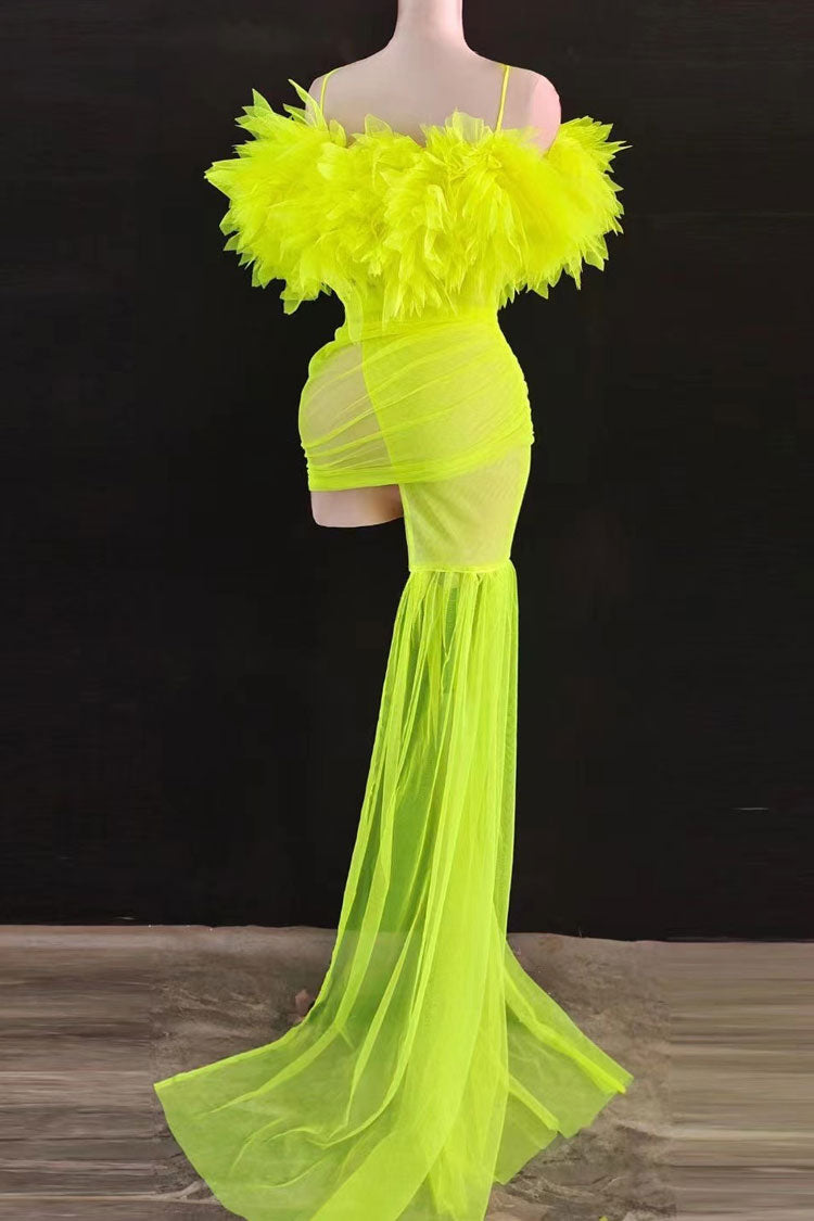 Gloved Ruffle Off Shoulder Draped Sheer Mini Dress - Neon Yellow - View 3