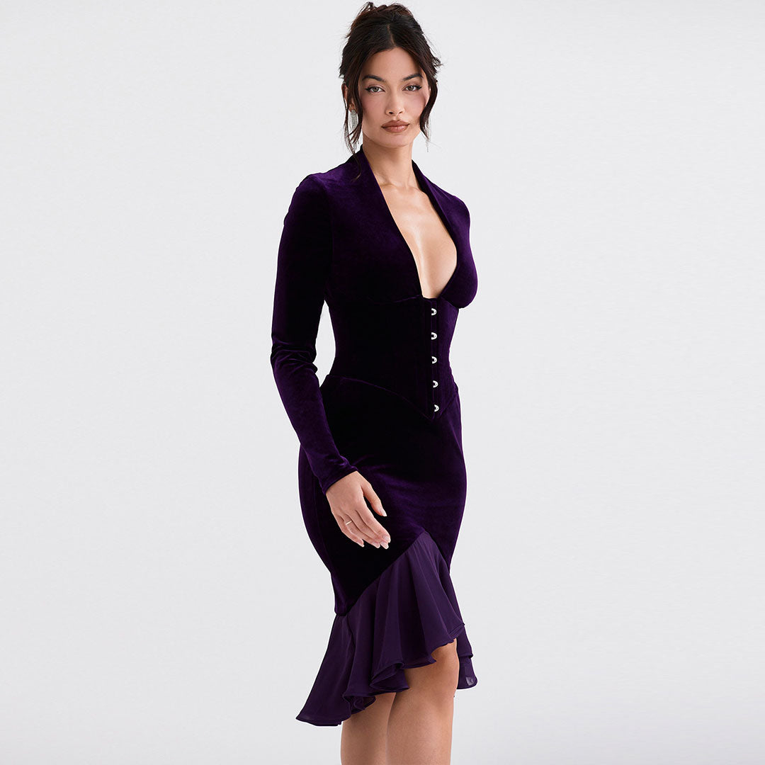 High Low Mesh Panel Ruffle Hem Long Sleeve Velvet Mini Dress - Purple - View 2