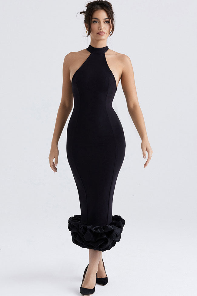 Halter Neck Sleeveless Ruffle Hem Bodycon Midi Cocktail Dress - View 3