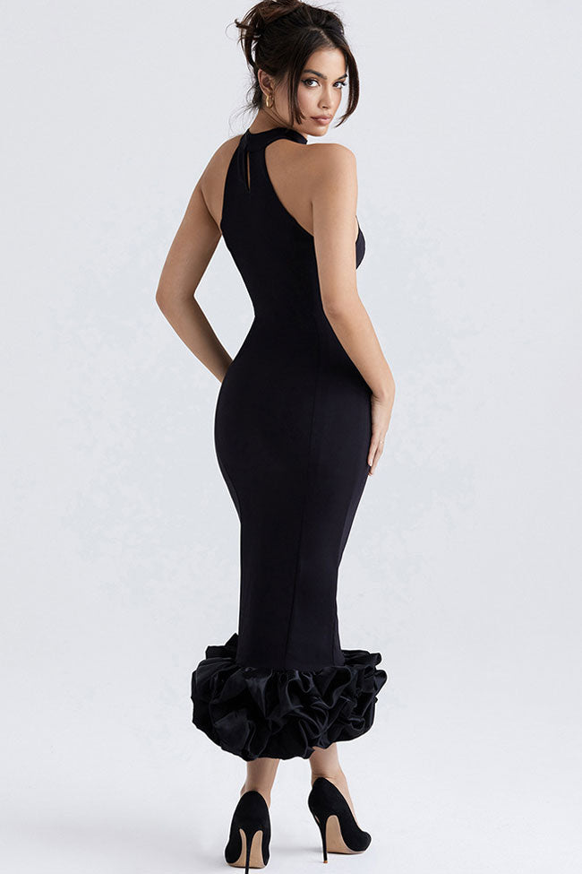 Halter Neck Sleeveless Ruffle Hem Bodycon Midi Cocktail Dress - View 4
