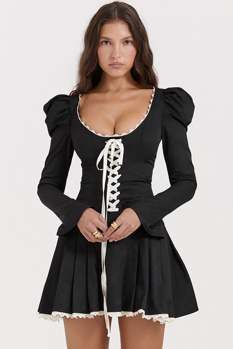 Lace Up Scoop Neck Puff Sleeve Ruffle Party Mini Dress - Black - View 2