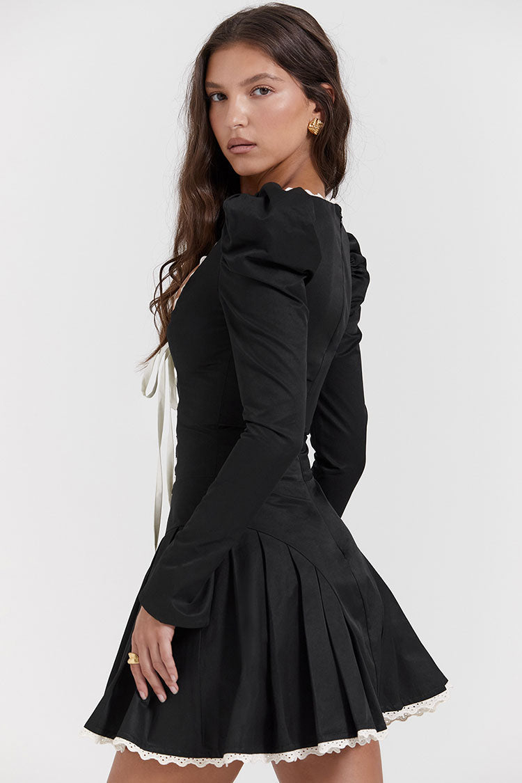 Lace Up Scoop Neck Puff Sleeve Ruffle Party Mini Dress - Black - View 3