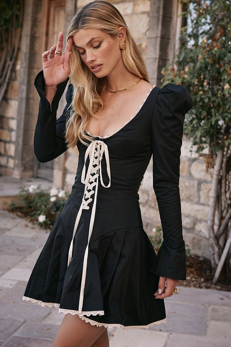 Lace Up Scoop Neck Puff Sleeve Ruffle Party Mini Dress - Black - View 7