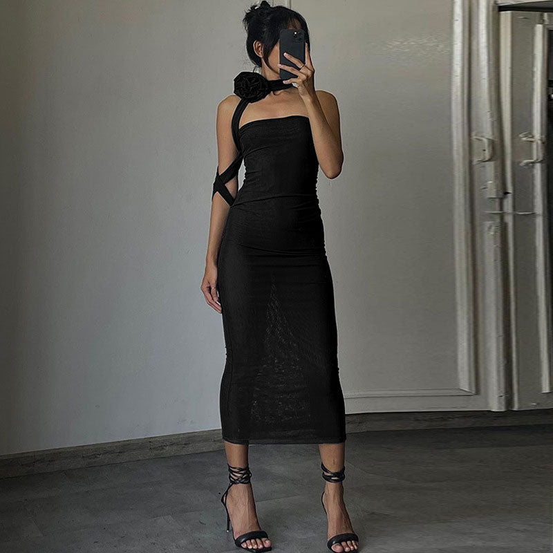 Mesh Strapless 3D Rose Choker High Split Bodycon Midi Dress