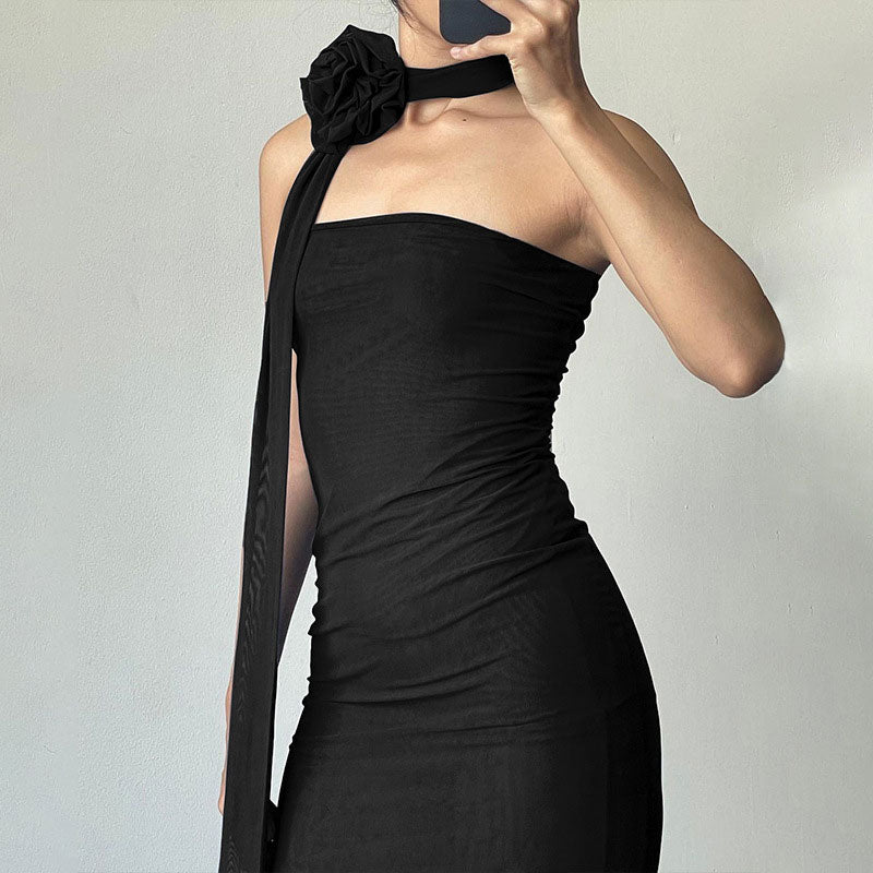 Mesh Strapless 3D Rose Choker High Split Bodycon Midi Dress - View 2