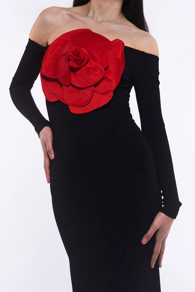 Off Shoulder Long Sleeve Rosette Bodycon Maxi Dress - View 3