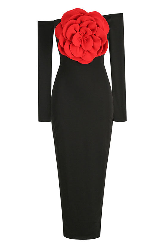 Off Shoulder Long Sleeve Rosette Bodycon Maxi Dress - View 4