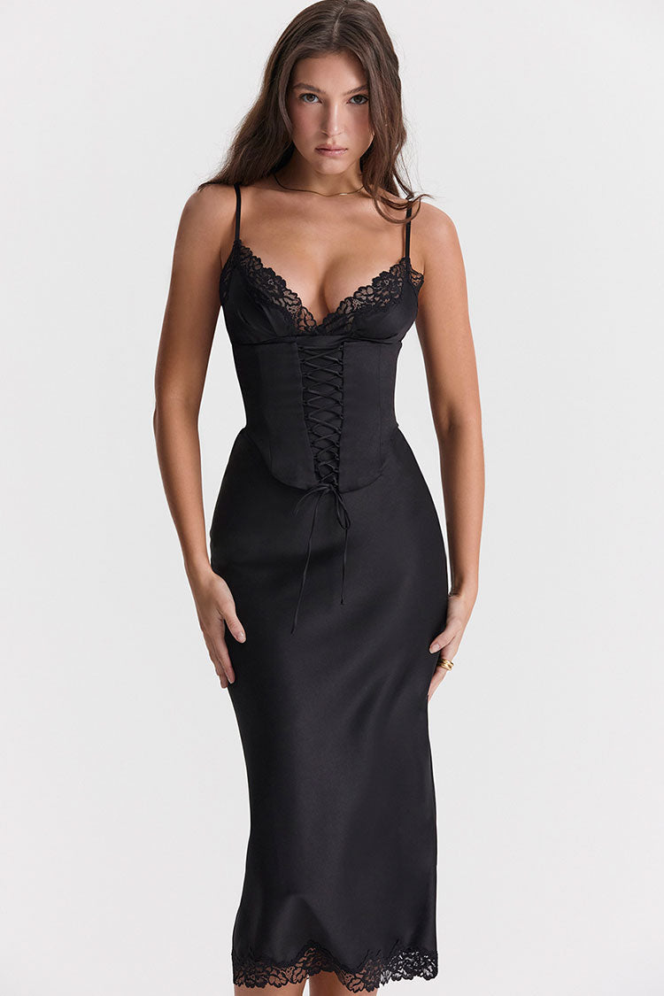 Satin V-Neck Lace Trim Lace Up Corset Slip Midi Dress