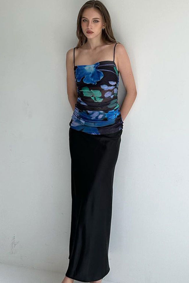 Printed Ruched Mesh Satin Split Cocktail Party Midi Dress - Black