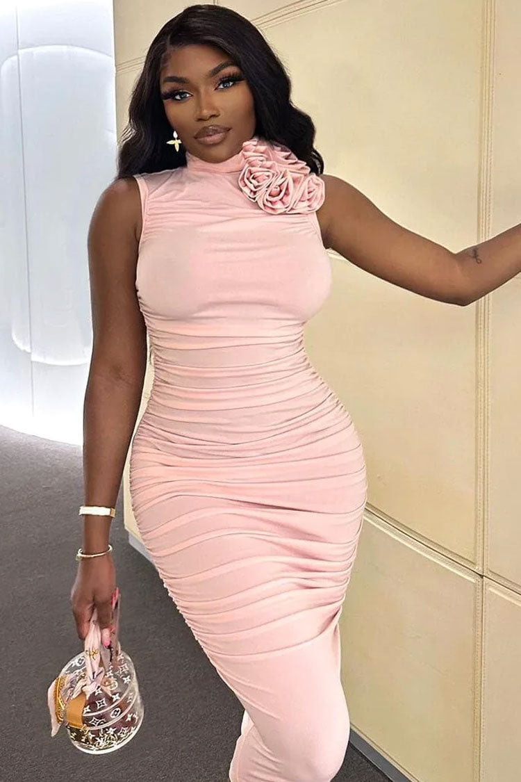 Rosette Corsage High Neck Cocktail Party Midi Dress - Pink