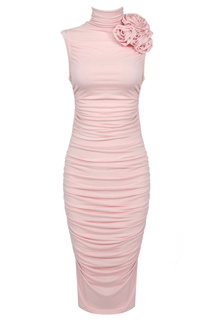 Rosette Corsage High Neck Cocktail Party Midi Dress - Pink - View 2